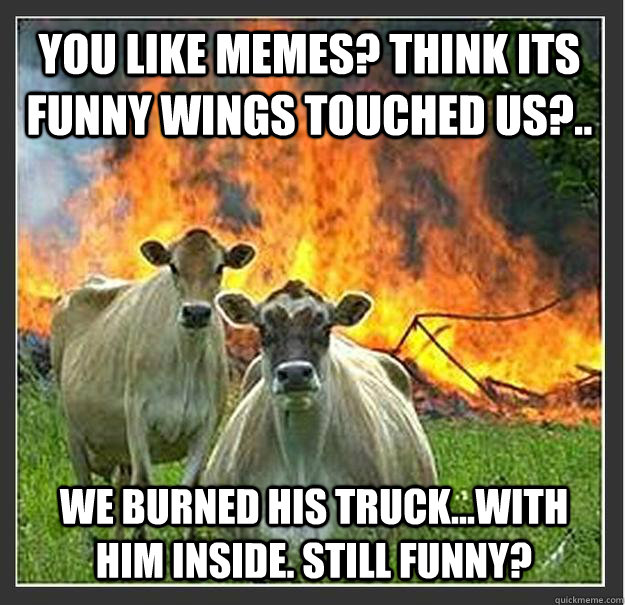 you like memes? think its funny wings touched us?.. we burned his truck...with him inside. still funny?  Evil cows