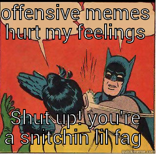 When you get reported in a Private Group - OFFENSIVE MEMES HURT MY FEELINGS SHUT UP! YOU'RE A SNITCHIN LIL FAG  Slappin Batman