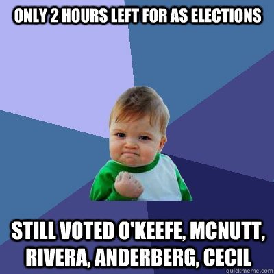 Only 2 hours left for AS Elections still voted O'Keefe, McNutt, Rivera, Anderberg, Cecil  Success Kid