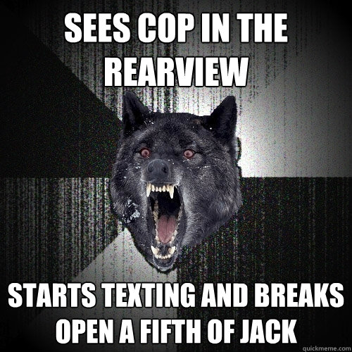 sees cop in the rearview starts texting and breaks open a fifth of jack  Insanity Wolf