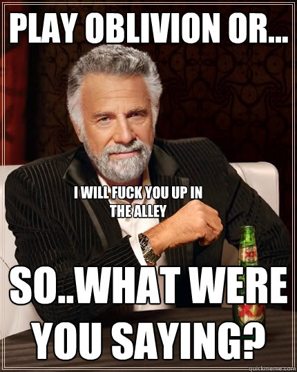 Play oblivion or... So..what were you saying? i will fuck you up in the alley  The Most Interesting Man In The World