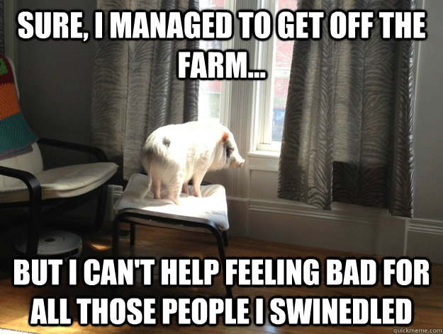 sure, i managed to get off the farm... but i can't help feeling bad for all those people I swinedled - sure, i managed to get off the farm... but i can't help feeling bad for all those people I swinedled  Regret Pig