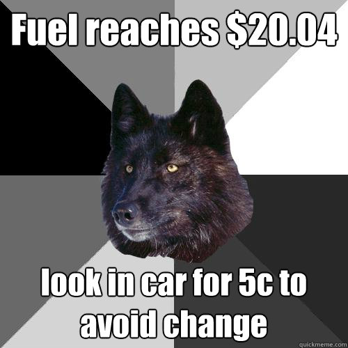 Fuel reaches $20.04 look in car for 5c to avoid change  Sanity Wolf