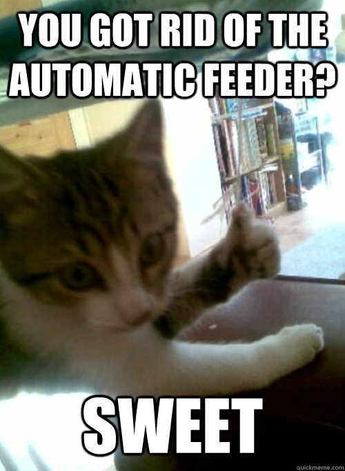 You got rid of the automatic feeder? sweet  