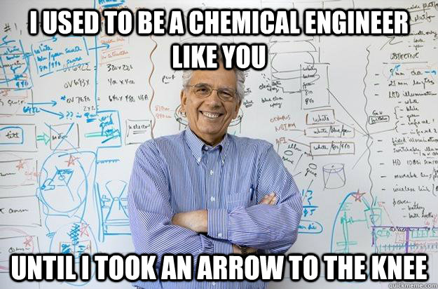 I used to be a chemical engineer like you until i took an arrow to the knee  Engineering Professor