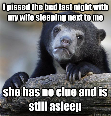 I pissed the bed last night with my wife sleeping next to me she has no clue and is still asleep - I pissed the bed last night with my wife sleeping next to me she has no clue and is still asleep  Confession Bear