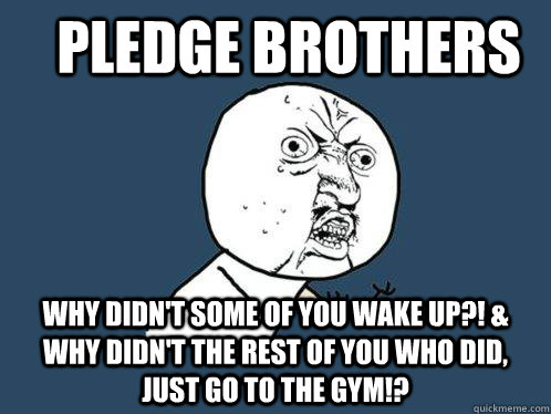 PLEDGE BROTHERS WHY DIDN'T SOME OF YOU WAKE UP?! & WHY DIDN'T THE REST OF YOU WHO DID, JUST GO TO THE GYM!? - PLEDGE BROTHERS WHY DIDN'T SOME OF YOU WAKE UP?! & WHY DIDN'T THE REST OF YOU WHO DID, JUST GO TO THE GYM!?  Y U No