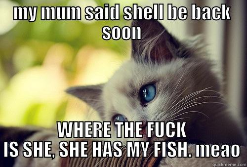 MY MUM SAID SHELL BE BACK SOON WHERE THE FUCK IS SHE, SHE HAS MY FISH. MEAO First World Problems Cat