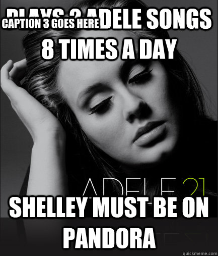 Plays 2 Adele songs 8 times a day Shelley must be on pandora Caption 3 goes here - Plays 2 Adele songs 8 times a day Shelley must be on pandora Caption 3 goes here  Misc