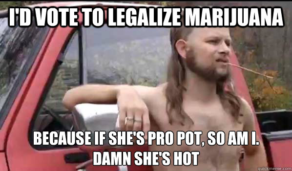 I'd vote to legalize marijuana because if she's pro pot, so am i. 
damn she's hot  Almost Politically Correct Redneck