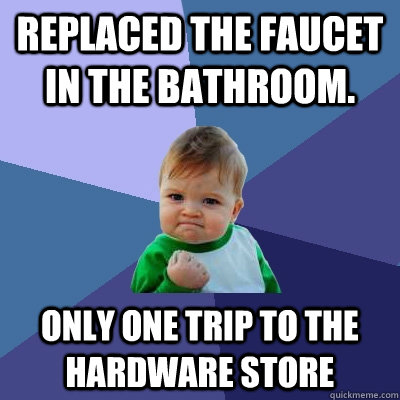 Replaced the faucet in the bathroom. Only one trip to the hardware store  Success Kid