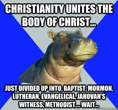 Christianity unites the body of Christ... Just divided up into, baptist, mormon, lutheran, Evangelical, Jahovah's witness, Methodist.... Wait... - Christianity unites the body of Christ... Just divided up into, baptist, mormon, lutheran, Evangelical, Jahovah's witness, Methodist.... Wait...  Skeptical Hippo