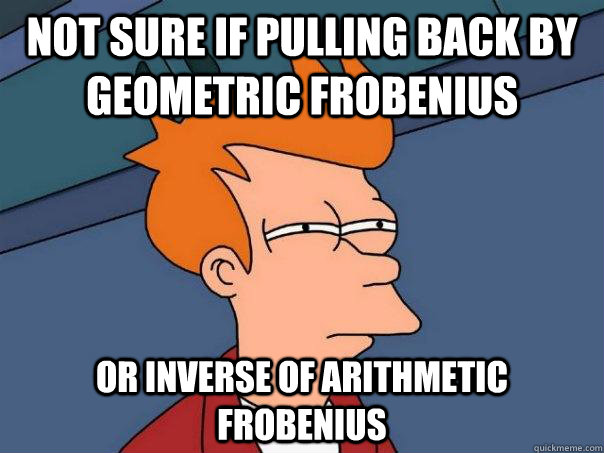 not sure if pulling back by geometric Frobenius or inverse of arithmetic Frobenius  Futurama Fry