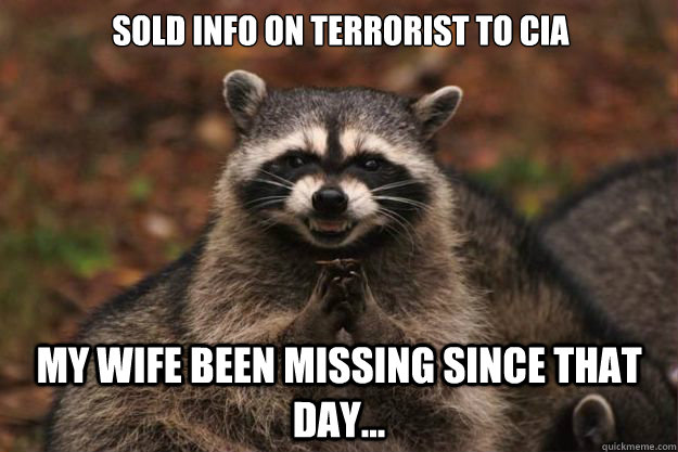 Sold info on terrorist to CIA My wife been missing since that day...  Evil Plotting Raccoon