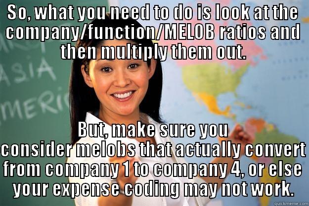 SO, WHAT YOU NEED TO DO IS LOOK AT THE COMPANY/FUNCTION/MELOB RATIOS AND THEN MULTIPLY THEM OUT. BUT, MAKE SURE YOU CONSIDER MELOBS THAT ACTUALLY CONVERT FROM COMPANY 1 TO COMPANY 4, OR ELSE YOUR EXPENSE CODING MAY NOT WORK. Unhelpful High School Teacher