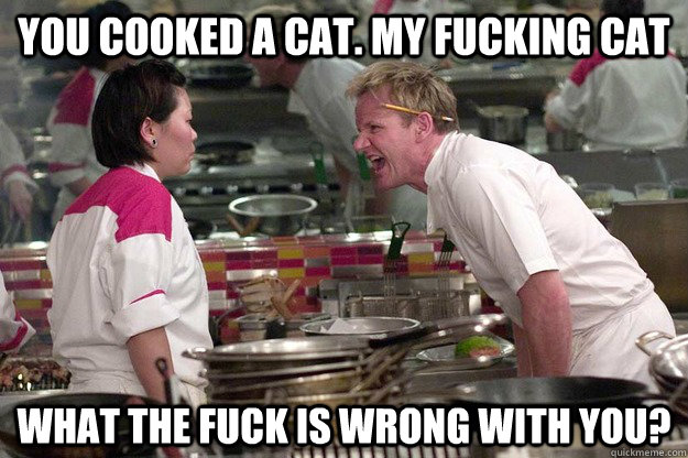 you cooked a cat. my fucking cat what the fuck is wrong with you?  Chef Ramsay