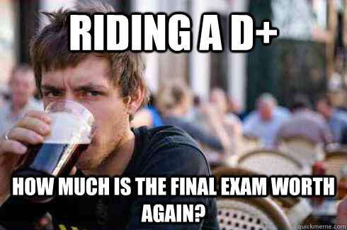 Riding a D+ How much is the final exam worth again?  Lazy College Senior