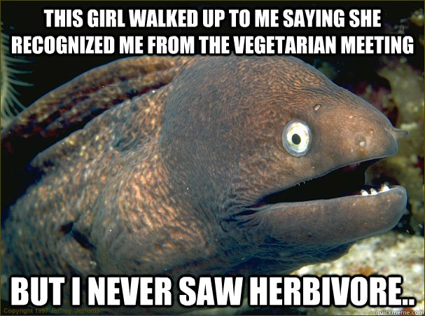 this girl walked up to me saying she recognized me from the vegetarian meeting but i never saw herbivore..  Bad Joke Eel