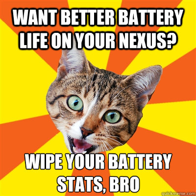 want better battery life on your nexus? Wipe your battery stats, bro  Bad Advice Cat