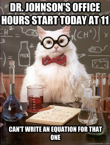 Dr. Johnson's Office Hours Start today at 11 Can't write an equation for that one  Chemistry Cat