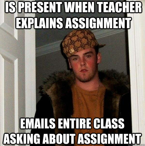 is present when teacher explains assignment emails entire class asking about assignment  