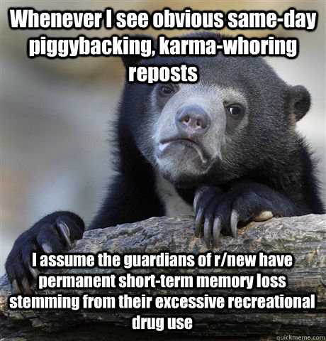 Whenever I see obvious same-day piggybacking, karma-whoring reposts I assume the guardians of r/new have permanent short-term memory loss stemming from their excessive recreational drug use  Confession Bear