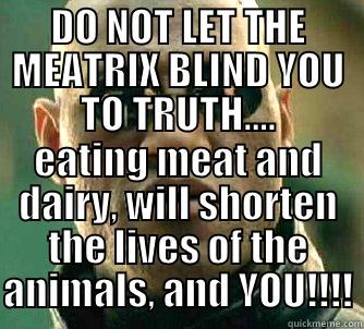 BEYOND THE MEATRIX - DO NOT LET THE MEATRIX BLIND YOU TO TRUTH.... EATING MEAT AND DAIRY, WILL SHORTEN THE LIVES OF THE ANIMALS, AND YOU!!!! Matrix Morpheus