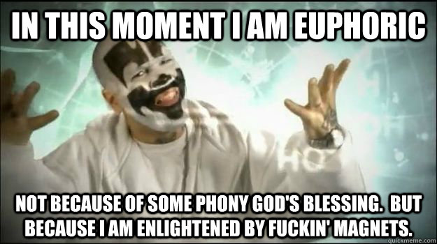 IN THIS MOMENT I AM EUPHORIC NOT BECAUSE OF SOME PHONY GOD'S BLESSING.  BUT BECAUSE I AM ENLIGHTENED BY FUCKIN' MAGNETS. - IN THIS MOMENT I AM EUPHORIC NOT BECAUSE OF SOME PHONY GOD'S BLESSING.  BUT BECAUSE I AM ENLIGHTENED BY FUCKIN' MAGNETS.  Fucking Magnets