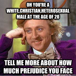 Oh you're a white,christian,heterosexual male at the age of 20  tell me more about how much prejudice you face  Condescending Wonka