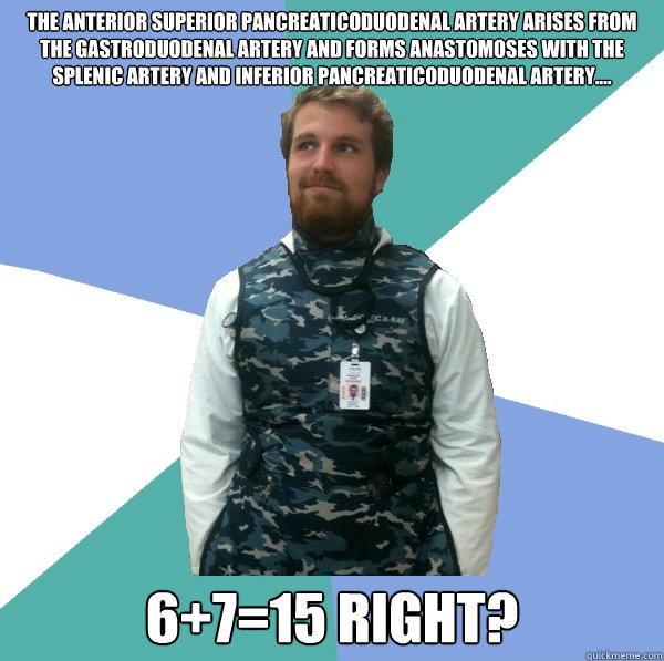 The Anterior superior pancreaticoduodenal artery arises from the gastroduodenal artery and forms anastomoses with the splenic artery and inferior pancreaticoduodenal artery....  6+7=15 right? - The Anterior superior pancreaticoduodenal artery arises from the gastroduodenal artery and forms anastomoses with the splenic artery and inferior pancreaticoduodenal artery....  6+7=15 right?  Unabridged First Year Medical Student