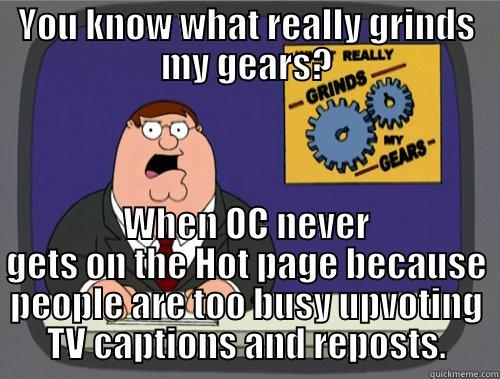 YOU KNOW WHAT REALLY GRINDS MY GEARS? WHEN OC NEVER GETS ON THE HOT PAGE BECAUSE PEOPLE ARE TOO BUSY UPVOTING TV CAPTIONS AND REPOSTS. Grinds my gears