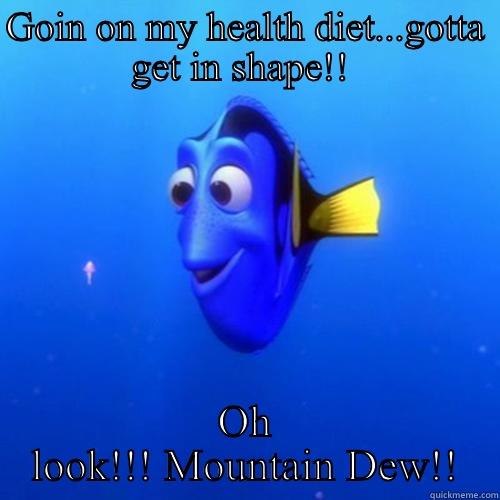 GOIN ON MY HEALTH DIET...GOTTA GET IN SHAPE!!  OH LOOK!!! MOUNTAIN DEW!! dory