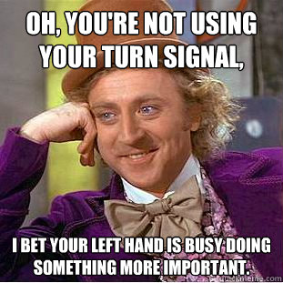 Oh, you're not using your turn signal, I bet your left hand is busy doing something more important. - Oh, you're not using your turn signal, I bet your left hand is busy doing something more important.  Condescending Wonka