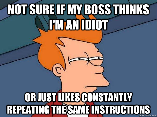 Not sure if my boss thinks I'm an idiot Or just likes constantly repeating the same instructions - Not sure if my boss thinks I'm an idiot Or just likes constantly repeating the same instructions  Futurama Fry