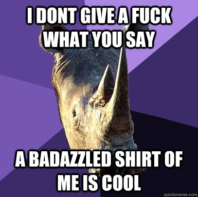 i dont give a fuck what you say A badazzled shirt of me is cool  Sexually Oblivious Rhino