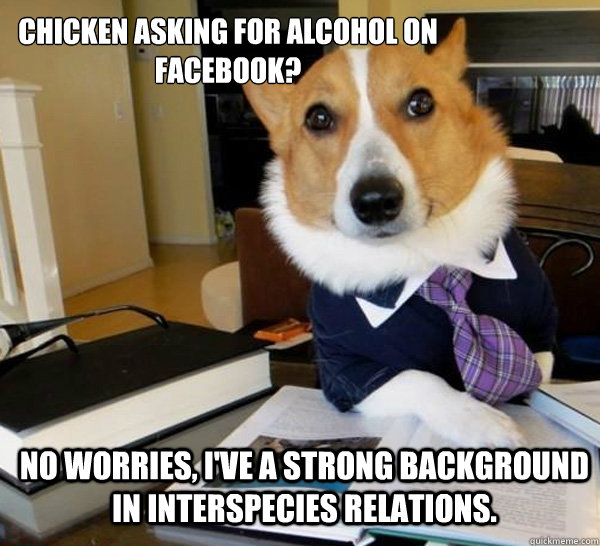 Chicken asking for alcohol on facebook? No worries, I've a strong background in interspecies relations.  Lawyer Dog