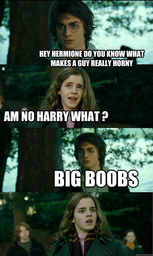 Hey Hermione do you know what makes a guy really horny am no harry what ? big boobs  Horny Harry