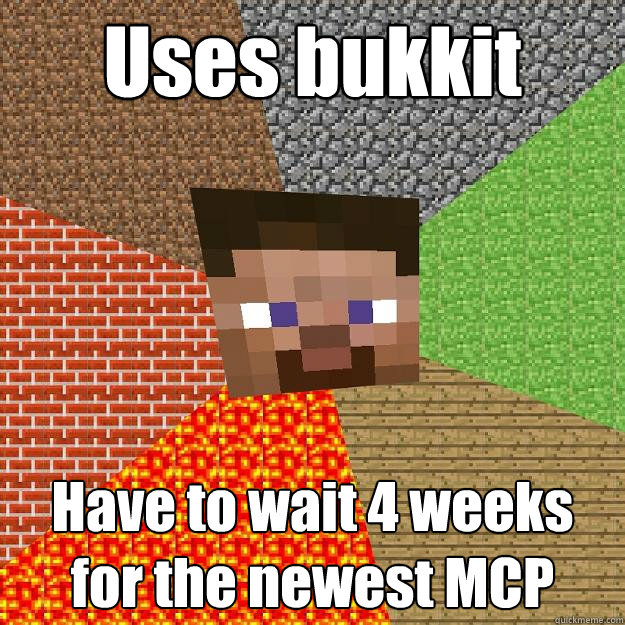 Uses bukkit Have to wait 4 weeks for the newest MCP  Minecraft