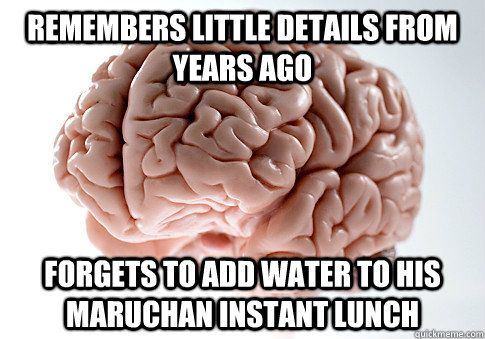 Remembers little details from years ago Forgets to add water to his maruchan instant lunch  Scumbag Brain