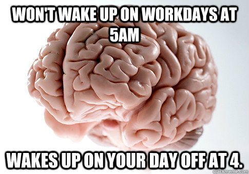 Won't wake up on workdays at 5am Wakes up on your day off at 4. - Won't wake up on workdays at 5am Wakes up on your day off at 4.  Scumbag Brain