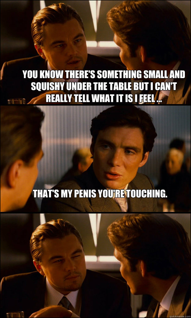 You know there's something small and squishy under the table but i can't really tell what it is i feel ... That's my penis you're touching.   Inception