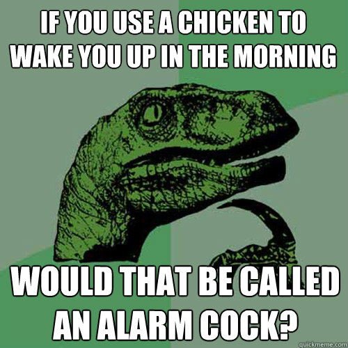 If you use a Chicken to wake you up in the morning would that be called an alarm cock?  Philosoraptor