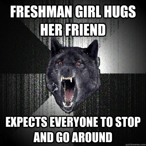 Freshman girl hugs her friend  expects everyone to stop and go around - Freshman girl hugs her friend  expects everyone to stop and go around  Insanity Wolf