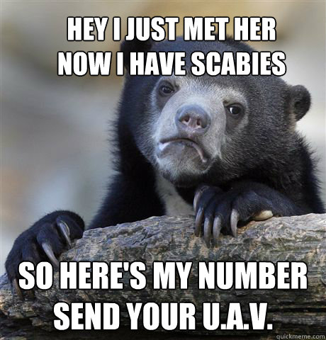 Hey I just met her
now i have scabies so here's my number
send your u.a.v. - Hey I just met her
now i have scabies so here's my number
send your u.a.v.  Confession Bear