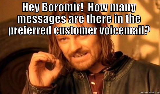 preferred queue - HEY BOROMIR!  HOW MANY MESSAGES ARE THERE IN THE PREFERRED CUSTOMER VOICEMAIL?  Boromir