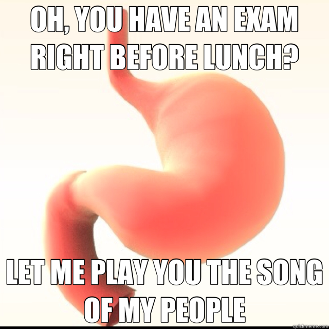 OH, YOU HAVE AN EXAM RIGHT BEFORE LUNCH? LET ME PLAY YOU THE SONG OF MY PEOPLE  Scumbag Stomach