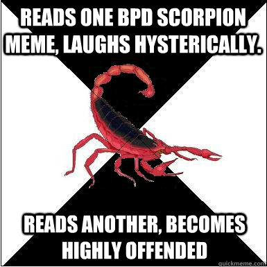 Reads one BPD scorpion meme, laughs hysterically.  Reads another, becomes highly offended  Borderline scorpion