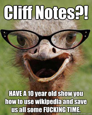 Cliff Notes?! HAVE A 10 year old show you how to use wikipedia and save us all some FUCKING TIME.  Judgmental Bookseller Ostrich