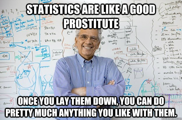 Statistics are like a good prostitute Once you lay them down, you can do pretty much anything you like with them. - Statistics are like a good prostitute Once you lay them down, you can do pretty much anything you like with them.  Engineering Professor