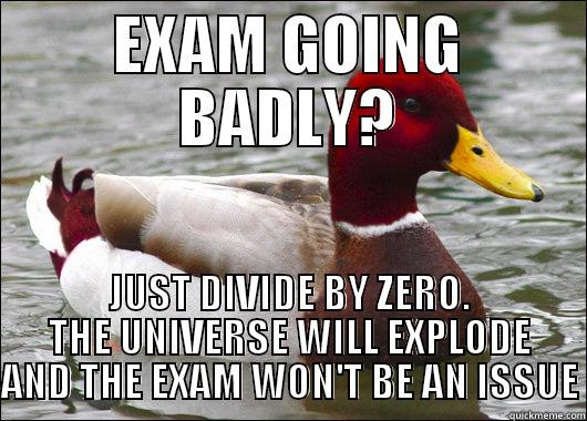 EXAM GOING BADLY? JUST DIVIDE BY ZERO. THE UNIVERSE WILL EXPLODE AND THE EXAM WON'T BE AN ISSUE Malicious Advice Mallard